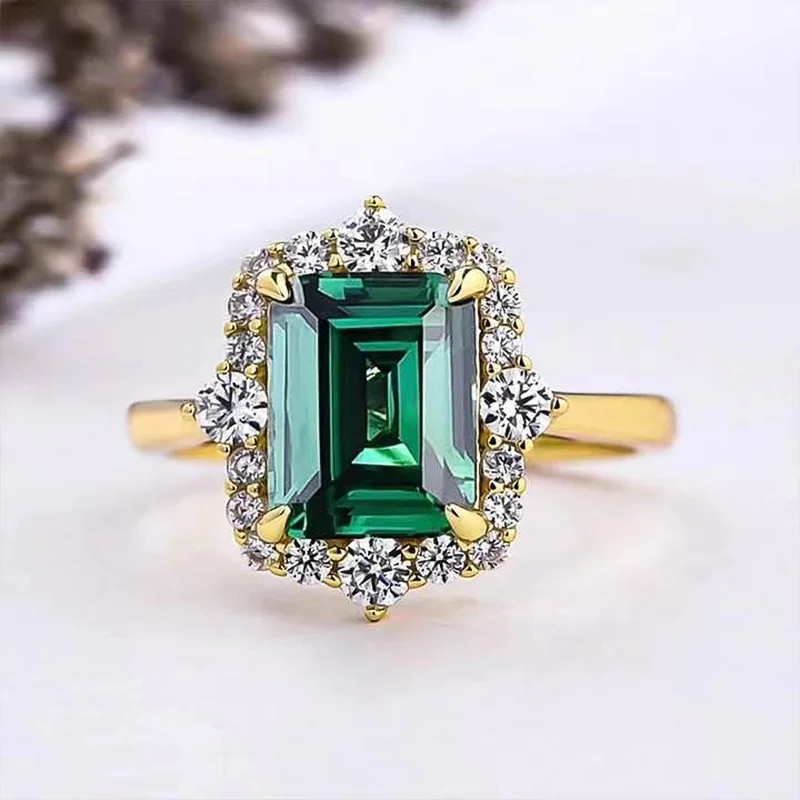 Apaison Rectangle Lab Emerald Rings for Women Trendy Engagement Wedding Party Accessory Gold Plated Jewelry Gift