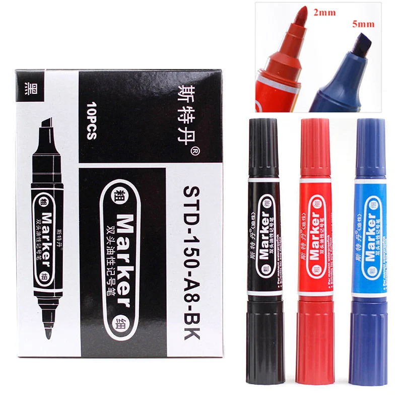 3Pcs/Set Oil-Based Permanent Markers Dual Tip 2mm/5mm Waterproof Quick-Drying Black Red Blue Thick Markers for Office School