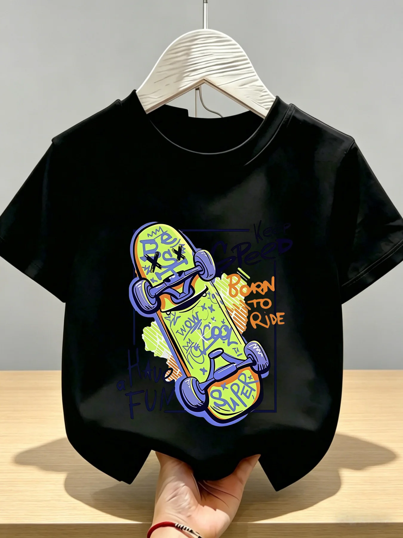 Kids Short Sleeve Tee Graffiti Graphic Keep Speed Born To Ride Print Cotton Tops Boys Street Style Daily Wear Gift For Child