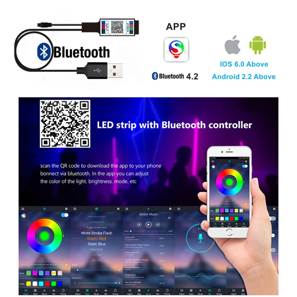 Bande lumineuse LED 2835 5050, Bluetooth, USB, Flexible, 3 touches, capteur sonore, ruban RGB, 1M 2M 3M 4M, décoration TV, rétro-éclairage, DC5V