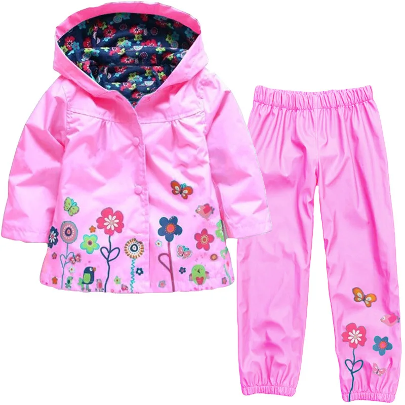New Girls Floral Windproof Rainproof Hoodie Set, Spring Autumn Outdoor Play Jacket, Cute Flower Print Water-Resistant Kids Wear