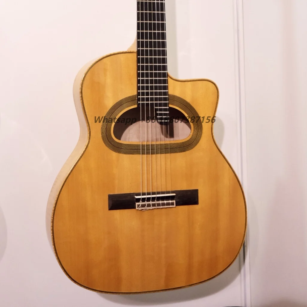 

Handcrafted 7-String 16-Inch Gypsy Acoustic Guitar Flamed Maple Hollow Body Original Color Spruce Top Ebony Finish Yunzhi