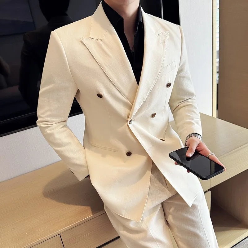 144 Double-breasted thin suit for men with peaked casual suit light and breathable