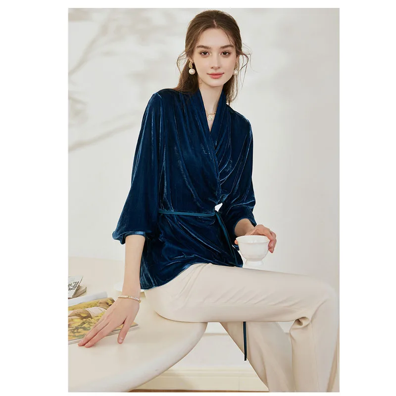 Luxury Silk Velvet Ladies Long Sleeve Shirt V-neck Lace-up Cardigan Top Loose Large Size Fat Girl Temperament Elegant Generous