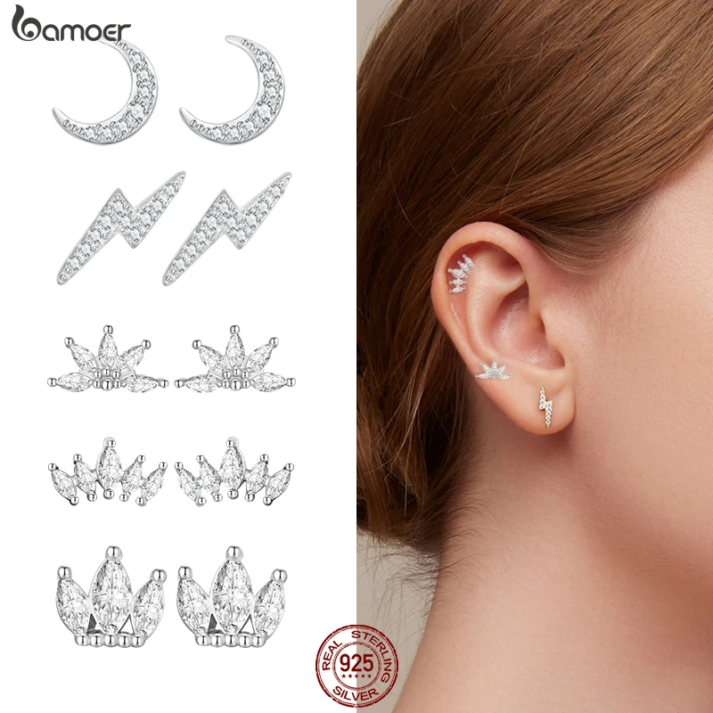 Bamoer 925 Sterling Silver Lightning Stud Earrings for Women Fashion Earrrings Jewerly Wedding Gift Sparkling Ear Studs VSE160