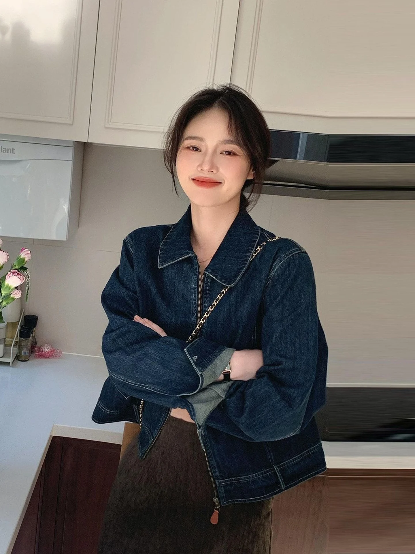 Korean Style Denim Chic Wind Jacket Women's Autumn New Elegant Popular Unique Beautiful Coat Top Zipper Pocket Denim Fabric