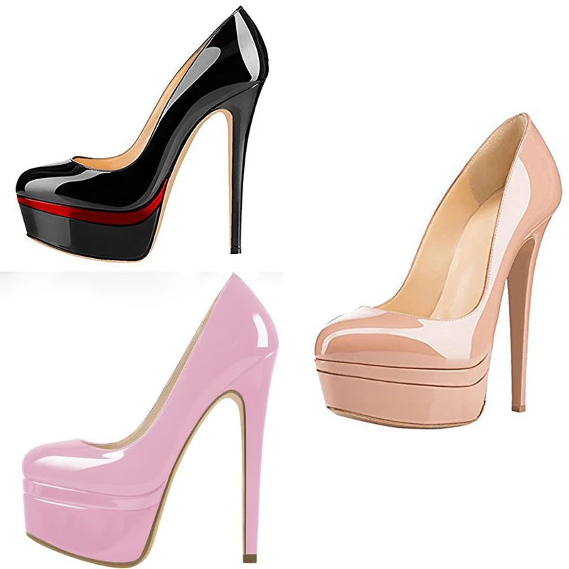 

Sexy Super High Heel Double Mixed Platform Pumps Round Toe Nigh Club Patent Leather Woman Banquet Shoes