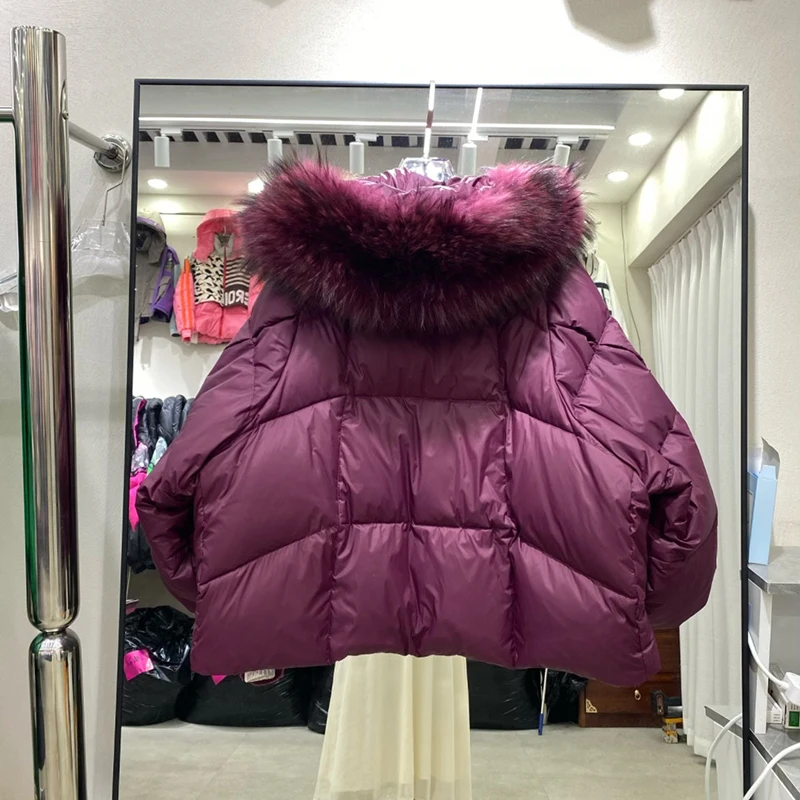 Winter High End Natural Large Fur Collar Down Jacket Female Hooded Warm Thick Parker Jacket Women White Duck Down Loose Outwears