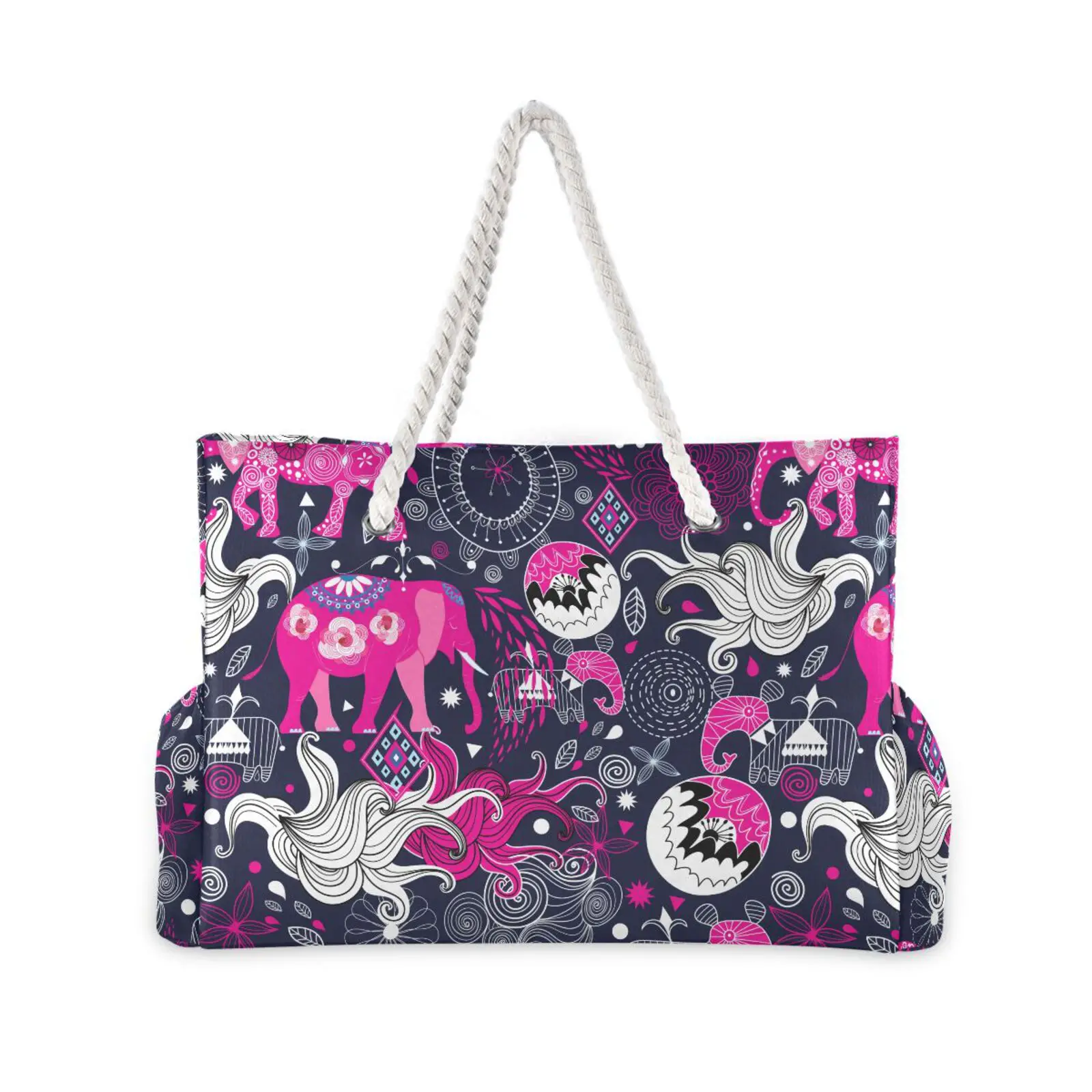 2023 New Ladies Beach Handbag Elephant printing Large Capacity Black Shoulder Shopping Bag Bohemia Female Casual Totes