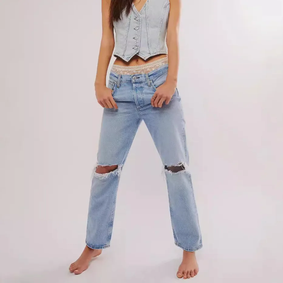 

Ripped Jeans for Women 2025 Streetwear Straight Pants Mid Waist Washed Distressed Vintage Denims Hole Ankle Length Trousers