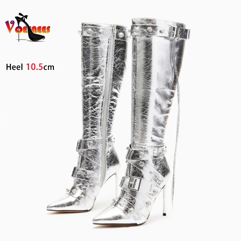 Thin Heel Women Long Boots Europe and America Style Buckle Side Zip Rivet Shoes Party Club Stiletto Pointed Toe Knee High Heels