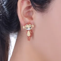 Handmade 3D Monkey Polymer Clay Stud Earrings For Women Kids Cute Brown Ape Front Back Ear Jackets Funny Animal Earrings Brincos