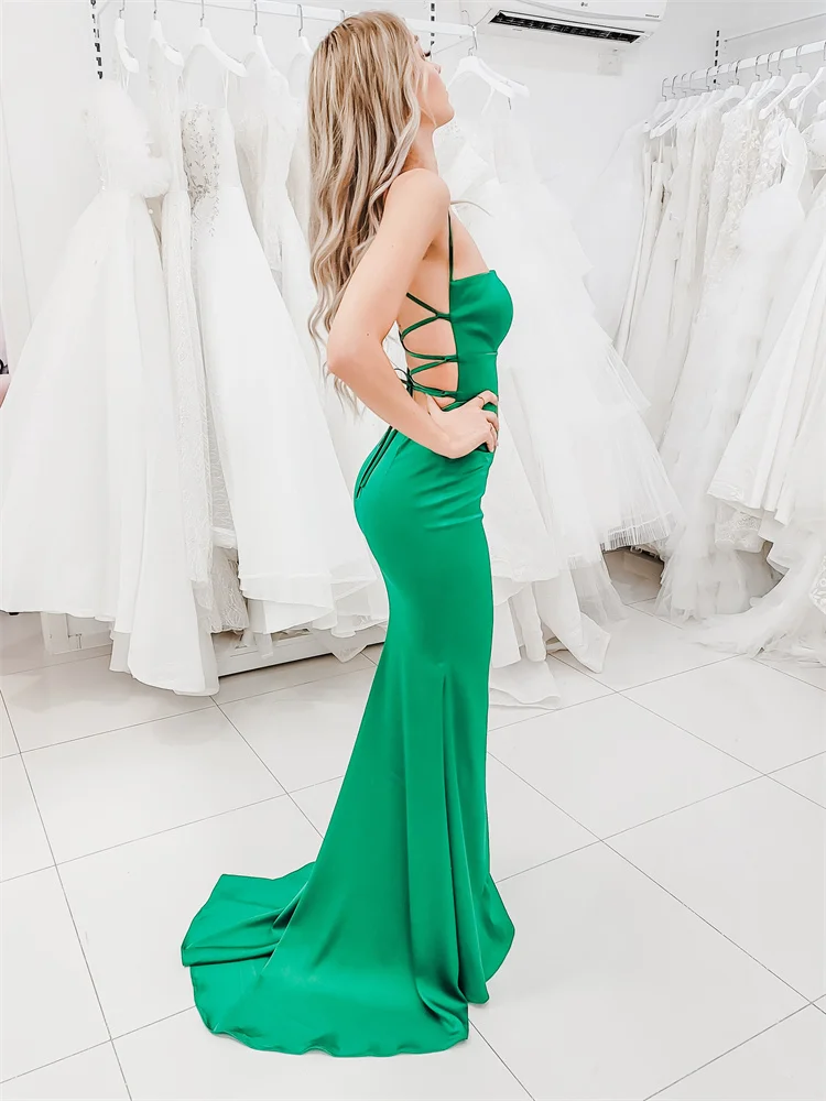 New Arrival Strapless Boat Neckline Satin Mermaid Evening Dress Sexy Lace Up Back Floor Length Sweep Train Gown For Women 2024