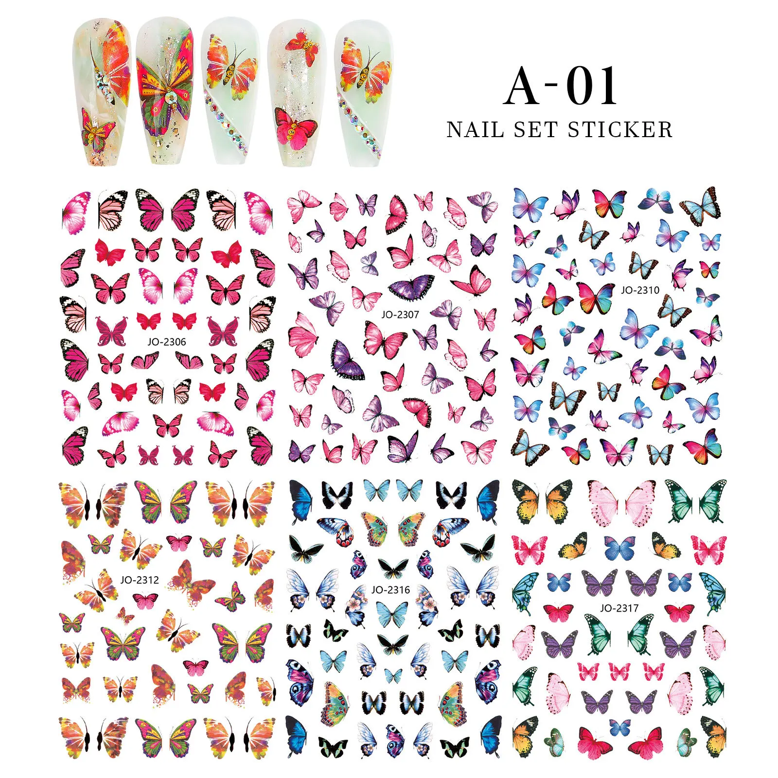 6 Sheets/Set Various Flowery Colorful Stamp Gold Lava Butterfly Fireflame Adheisve Nail Art Stickers Decals Manicure Ornaments