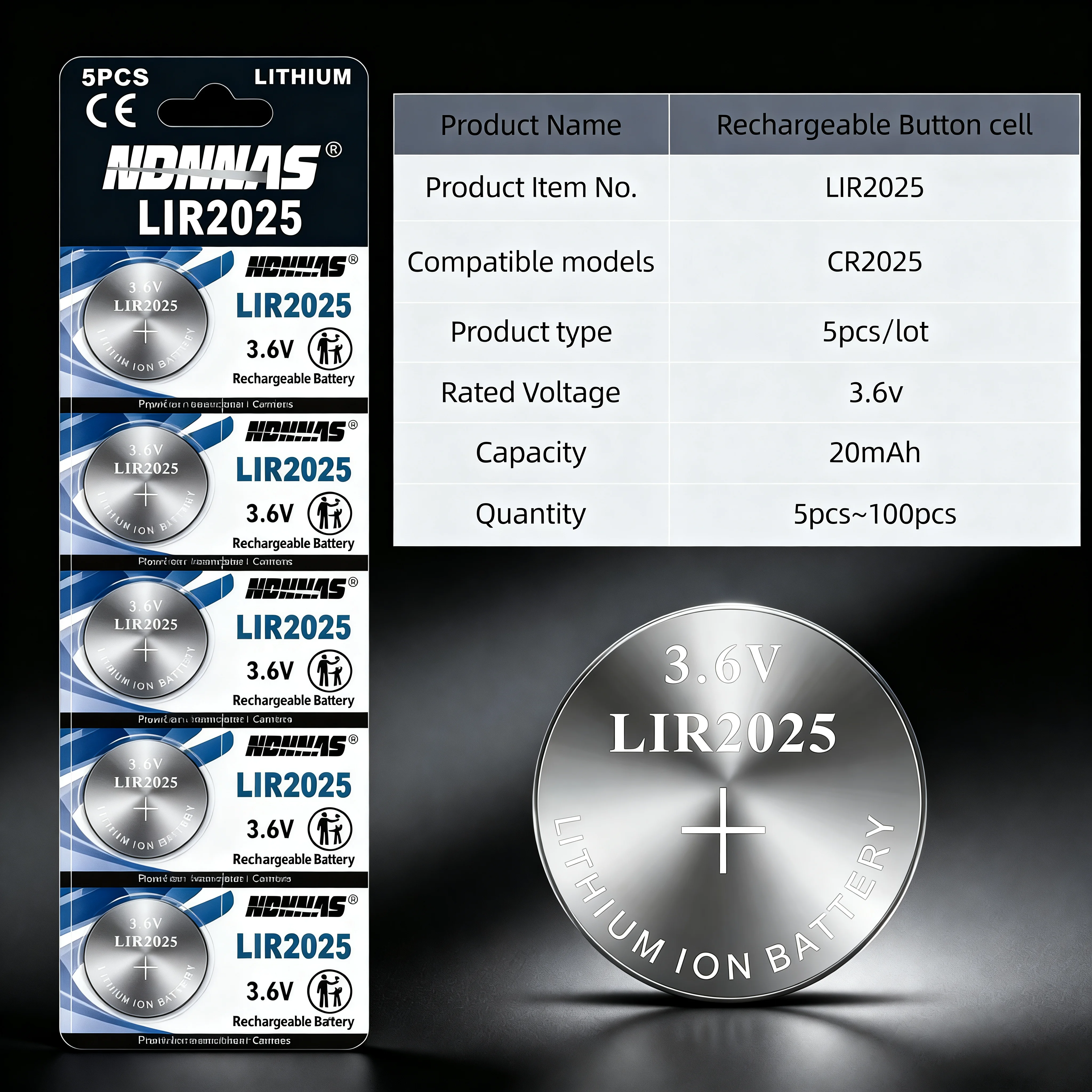 

3.6V LIR2025 Rechargeable Lithium Battery for CR2025 Car Remote Watch Camera Calculator Clock - Replacement Lithium Battery