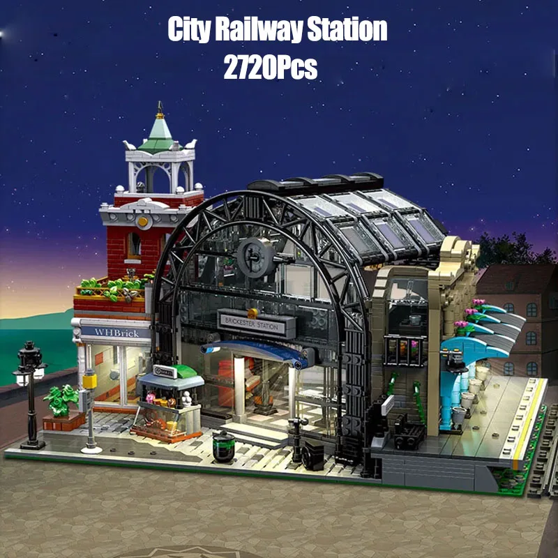 City Streetscape MOC Train Station Series Building Block DIY Train Station Lighting Edition Brick Children Puzzle Toys Gifts