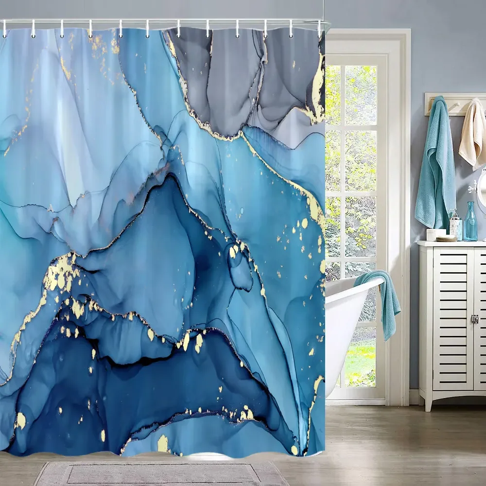 Marble Colour Spray Shaped Natural Luxury Abstract Fluid Texture Shower Curtain Free-Flowing Metallic Swirl Pattern Bath Curtain