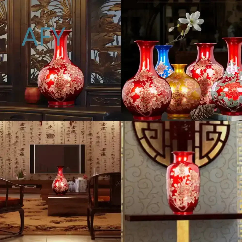 Crystal Glaze Red Peony Vase for Chinese Style Decor Ceramic Porcelain Vase for Artificial Flowers Ornate Luxurious Home