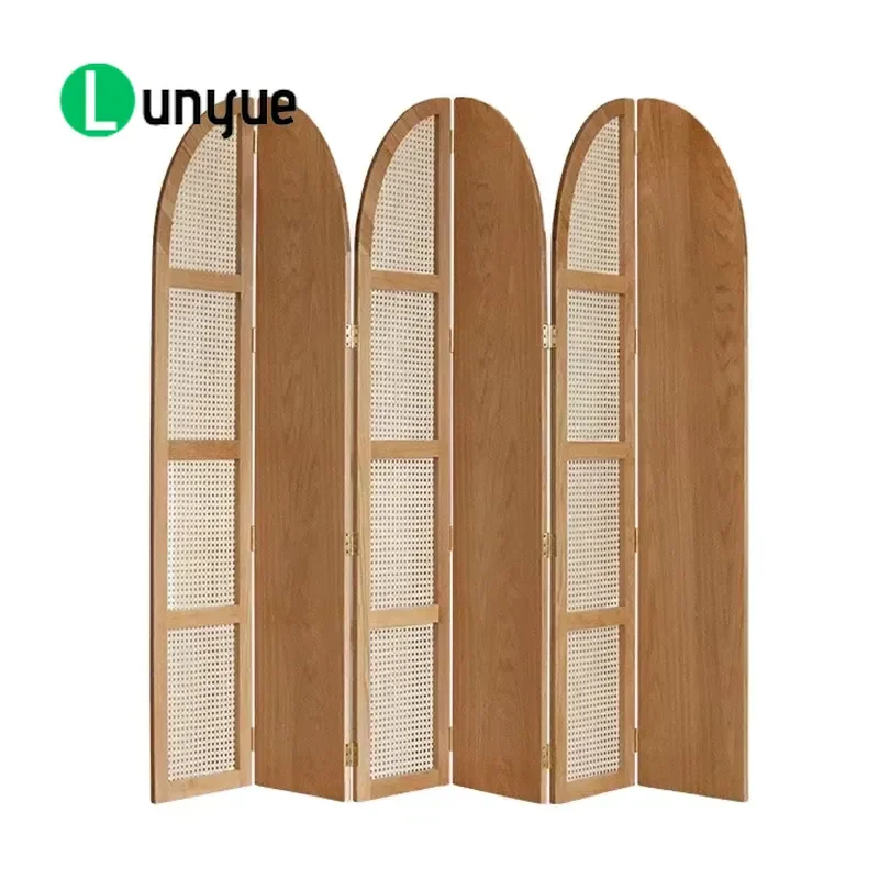 Solid Wood White Oak Rattan Movable Partition Screen Modern Simple Nordic Style Mobile Room Divider for Living Room Home
