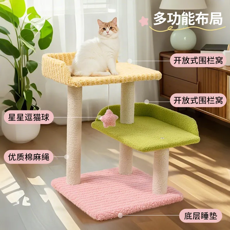 Space-Saving Cat Tree with Sisal Scratcher & Bed Combo, Compact Climbing Toy with Observation Platform for Indoor Cats.