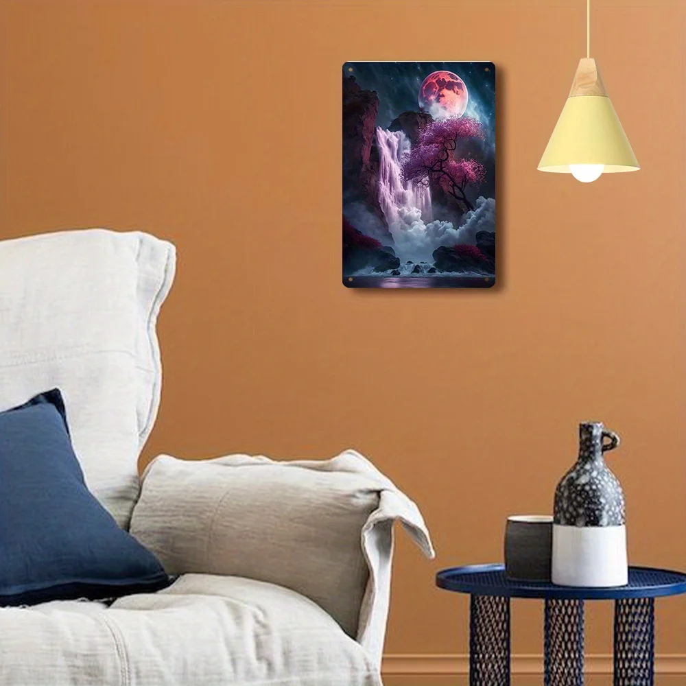 "Dreamy Moonlit Waterfall Tin Painting  Exquisite Natural Landscape Decorative Artwork" Suitable for Home and Office Wall Plaque