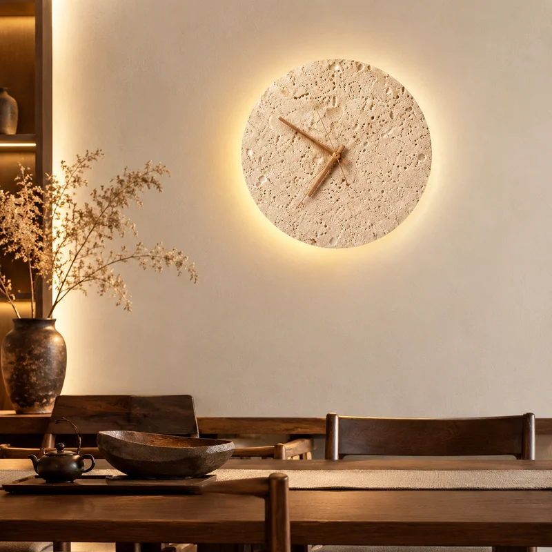 Wall Sconce Clock, Round Travertine Stone Light, Japanese Wabi Sabi Design for Bedroom Stairway Living Rooms Ambiance Decor Lamp