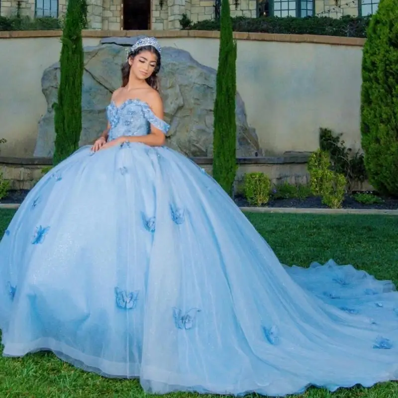 

Блестящее синее бальное платье Quinceanera, бальное платье с 3D аппликацией бабочки, бисером, Мексиканский корсет, милое 16 Vestidos De 15 лет