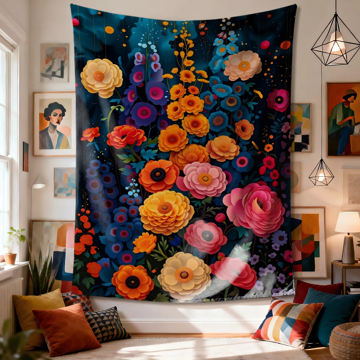 Dense arrangement of various flowers Digital printing polyester wall tapestry suitable for use living rooms offices bars party