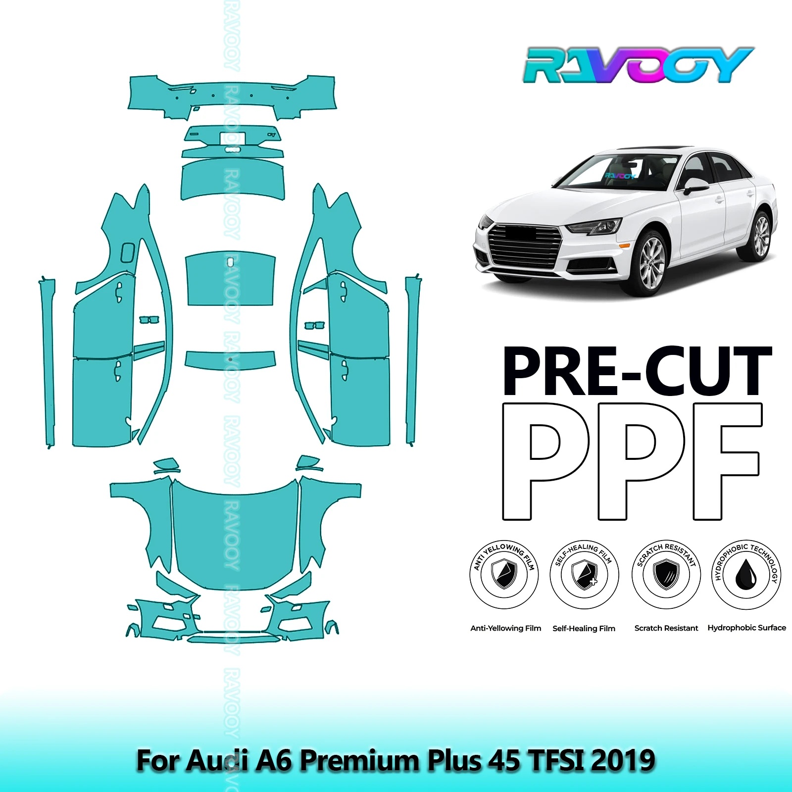 For Audi A6 Premium Plus 45 TFSI 2019 Full Body 8.5Mil Pre-Cut Paint Protection Film PPF Clear Bra Kit Clear/Matte/Black Options