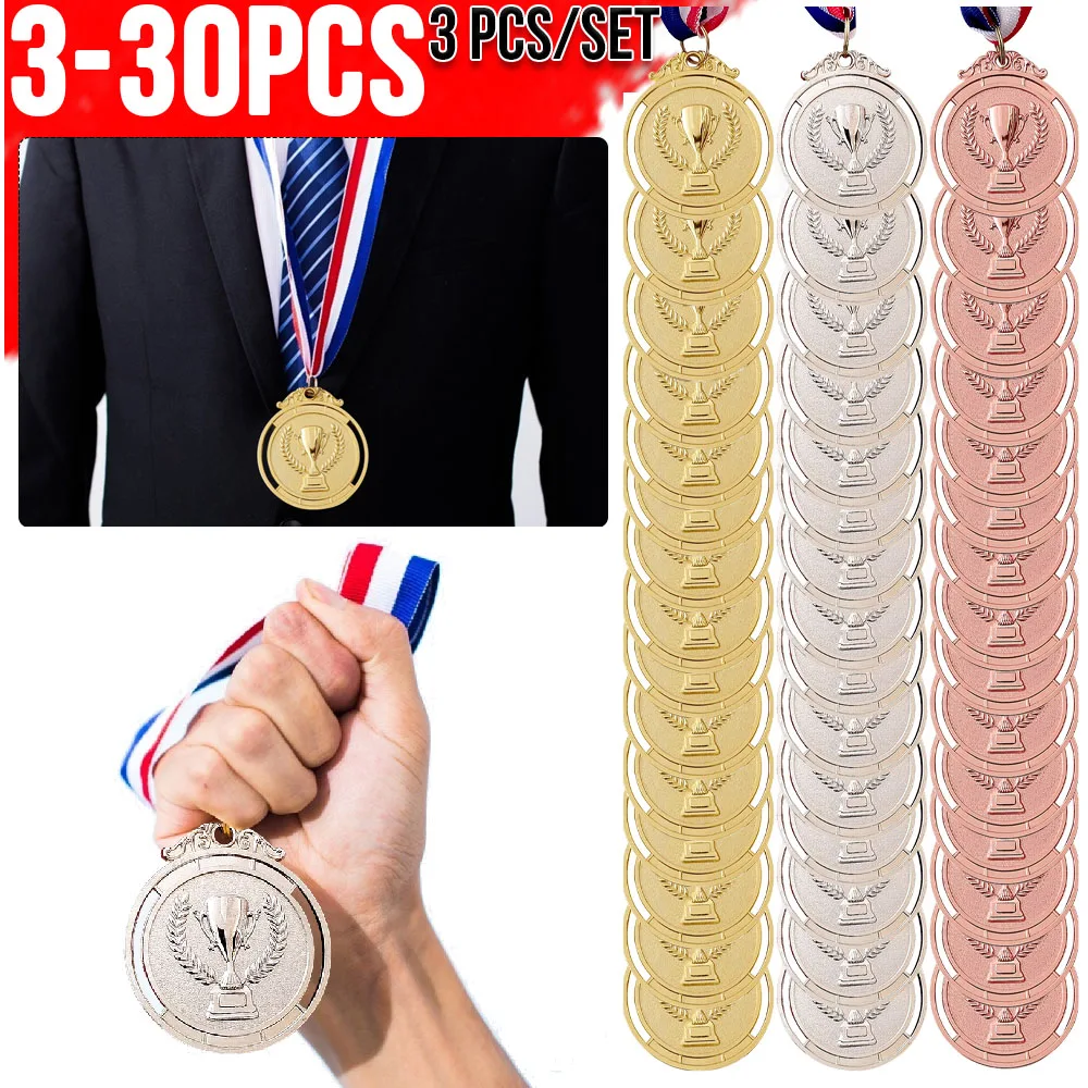 3Pcs/Set Metal Award Medals with Neck Ribbon Gold Silver Bronze Style for Sports Academics or Any Competition Diameter 2 Inch