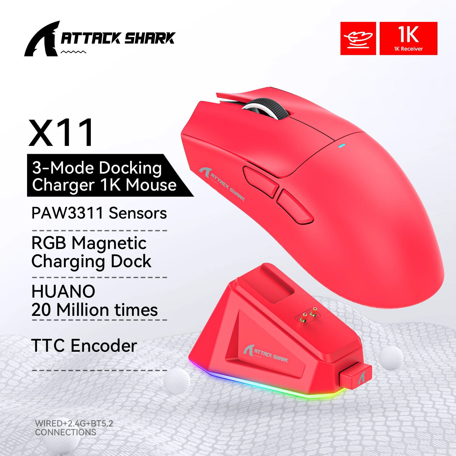 ATTACK SHARK X11-Muis Tri-Mode Lichtgewicht Gaming Muis, PAW3311, 22000 DPI, 400 IPS, 40G, 1K Return Rate, Magnetisch Snelladen