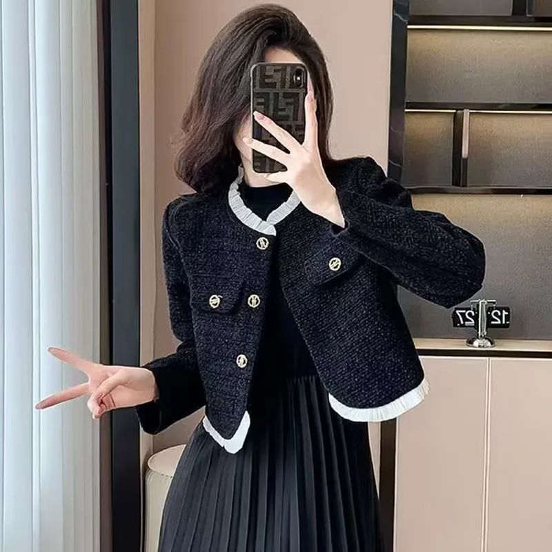 

Sweet French Short Coat 2025 Spring Autumn Women Fashion Patchwork Jacket Female Elegant Lace Collar Coat Office Lady Cardigan
