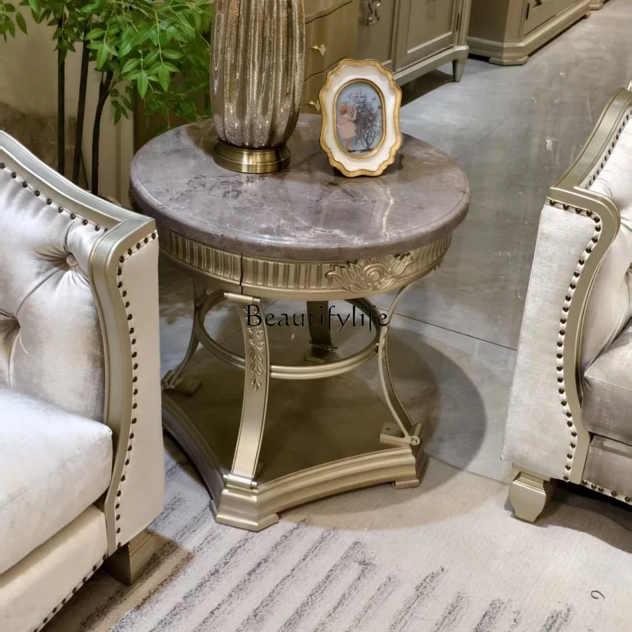 

yj7 American style, few corners, living room, solid wood sofa, side table, round marble surface