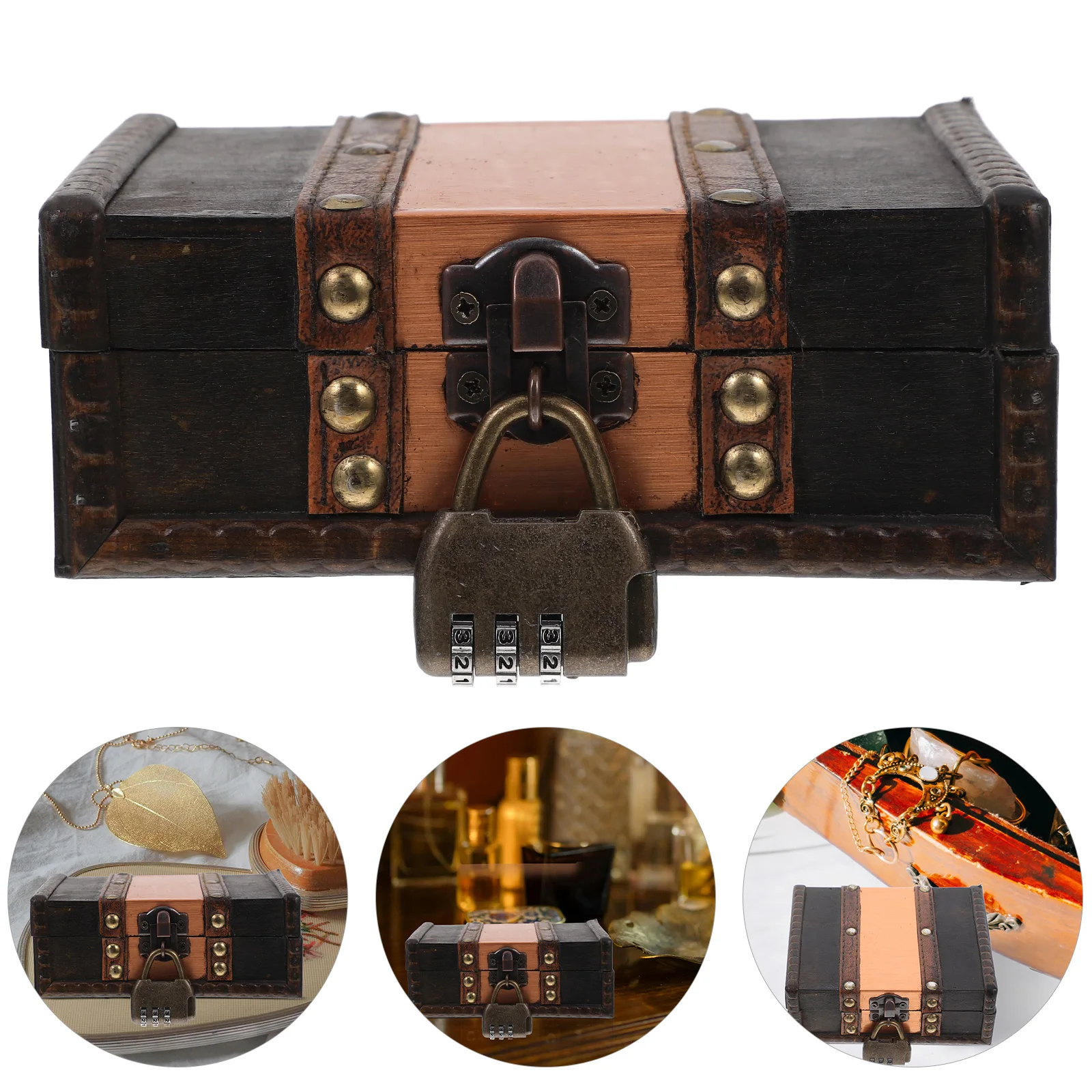 

Ретро медный ящик для хранения, винтажный деревянный сундук с сокровищами, замок для ювелирных изделий, маленький контейнер на память, настольная коробка, деревянная