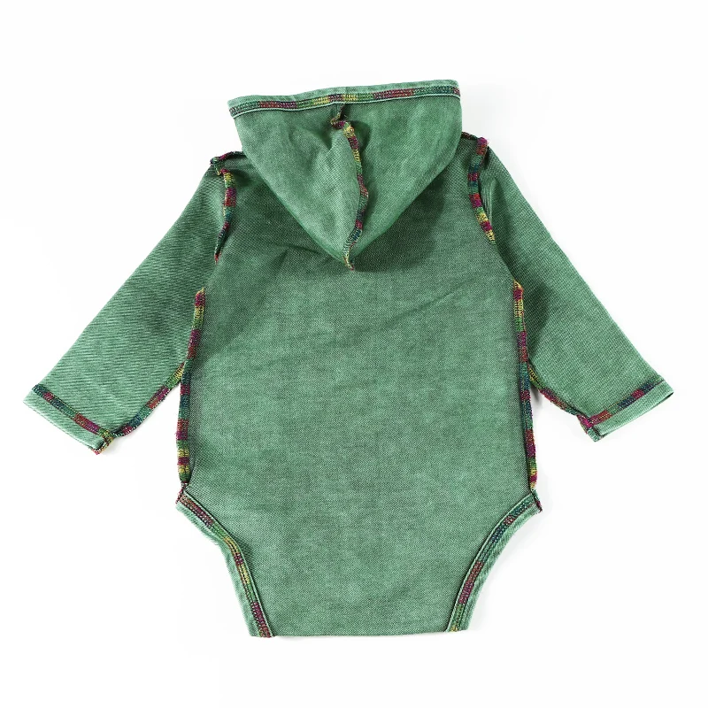 Baby rompers denim green stonewash hooded baby girl and boy romper kids clothing baby overalls colorful stitching outside 6m-18m