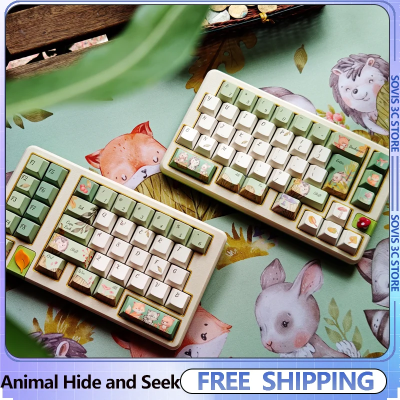 Animal Hide-and-Seek-Theme Keycaps Set Cute Cherry Profile Keycap Pbt Dye-sub Custom Green Key Caps for Mechanical Keyboards