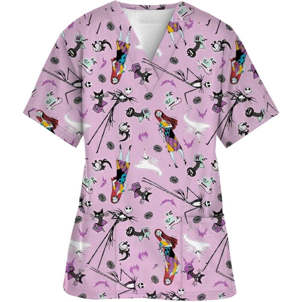 เสื้อพยาบาลแขนสั้นคอวีสำหรับผู้หญิง ชุดทำงานแฟชั่นลำลองลายพิมพ์สำหรับผู้หญิงช่วงฮาโลวีน ชุดทำงานป้องกันตัว ชุดยูนิฟอร์มทางการแพทย์