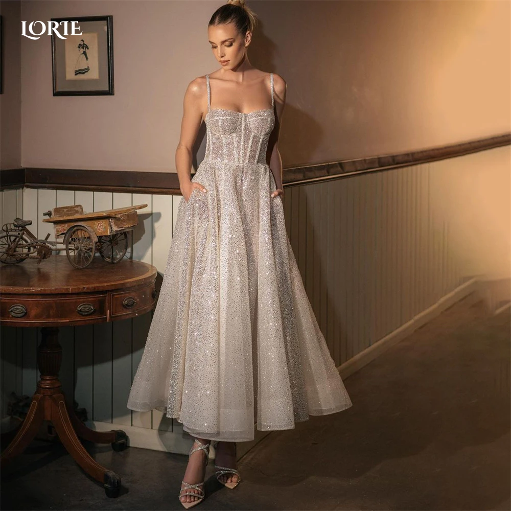 LORIE vestido de noche Formal con purpurina, línea A, correa de espagueti, brillante, escote Corazón, lentejuelas, largo hasta el tobillo,