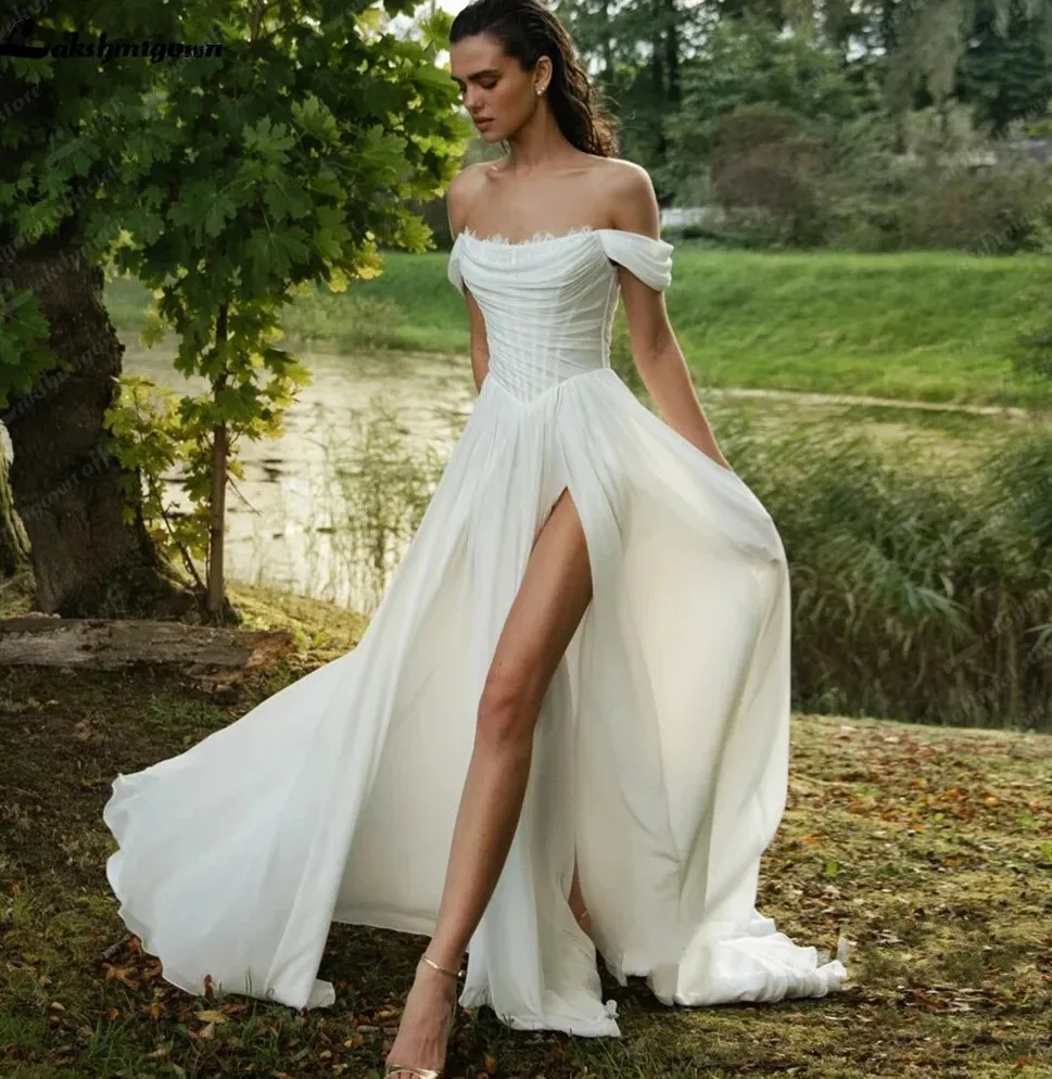 

Новые шифоновые пляжные свадебные платья 2026 года с разрезом по боку, без бретелек, кружевные, для садовой церемонии, с завязками на спине, Vestidos De Noiva