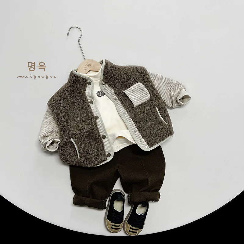 Children Long Sleeve Plush Coat Winter New Baby Boys Girls Contrasting Colors Casual Cardigan Jacket Kids Warm Thick Tops