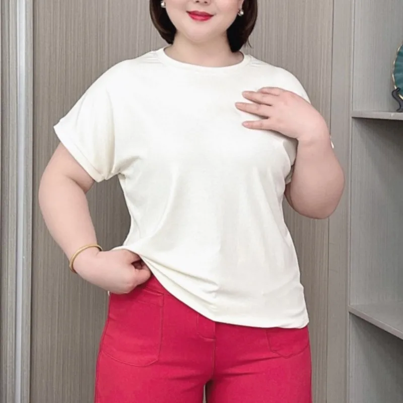 Solid Color Simple Short Sleeve T-shirt For Women 2024 Summer New Plus Size Loose Thin Basic Tees