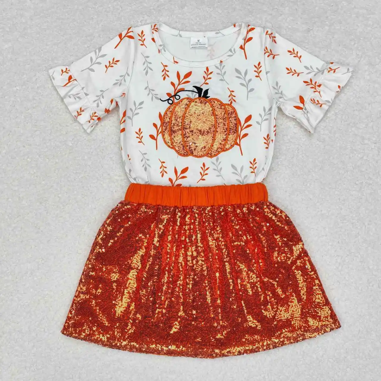 

Thanksgiving Baby girl embroidery pumpkin short sleeve top matching sequins skirts clothes wholesale children boutique outfit