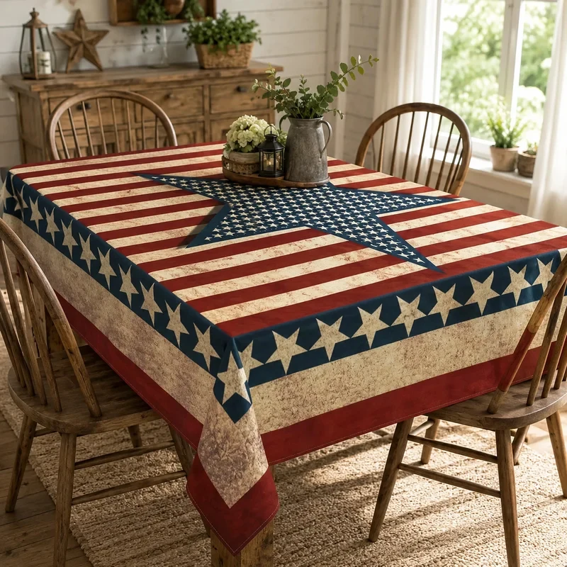 VIKAMA Vintage American Flag Star Stripe Tablecloth Waterproof Rectangular Patriotic Holiday Table Cover