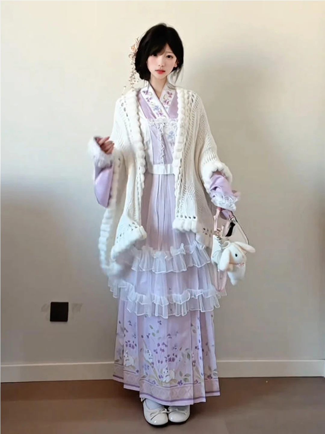 Purple Hanbok Lolita Skirt with Shawl Ming Dynasty Collar Sleeve Cute Autumn Winter Ladies Traditional Chinese Costume