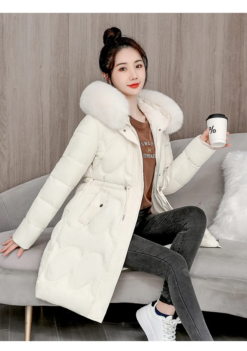 2026 Winter New Fur Collar Puffer Down Parka Loose Long Hooded Warmer Thicken Snow Jacket Pocket Zipper Outerwear Female