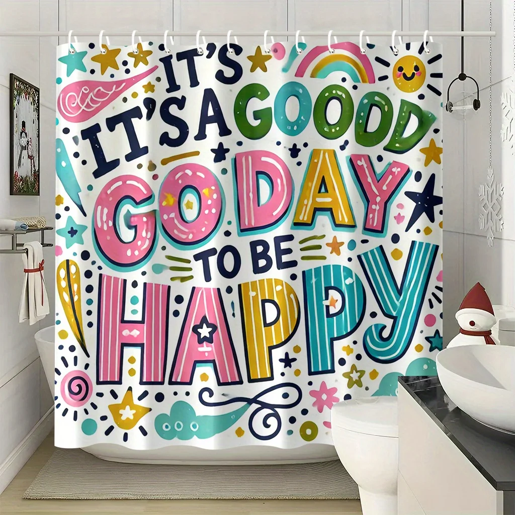 

"Happy Day Shower Curtain - Colorful Motivational Quotes, Waterproof Fabric for Bathroom Decor, Perfect for Positive Vibes"