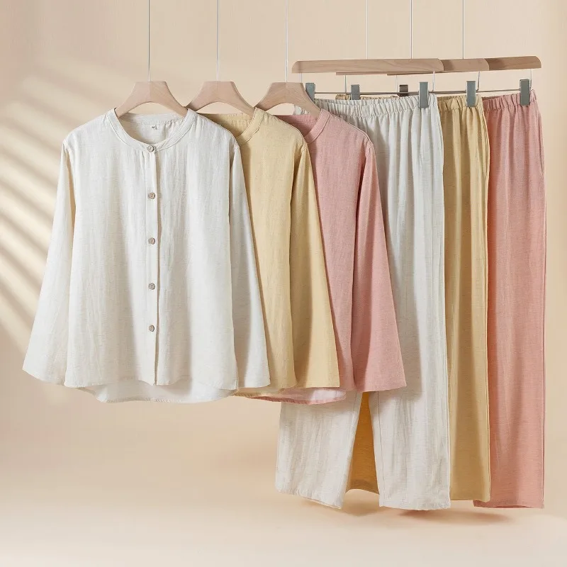 2025 Simple Solid Color Lyocell Cotton and Linen Pajamas Women's Thin Long-sleeved Pants Loungewear Autumn Round Neck 2 Piece