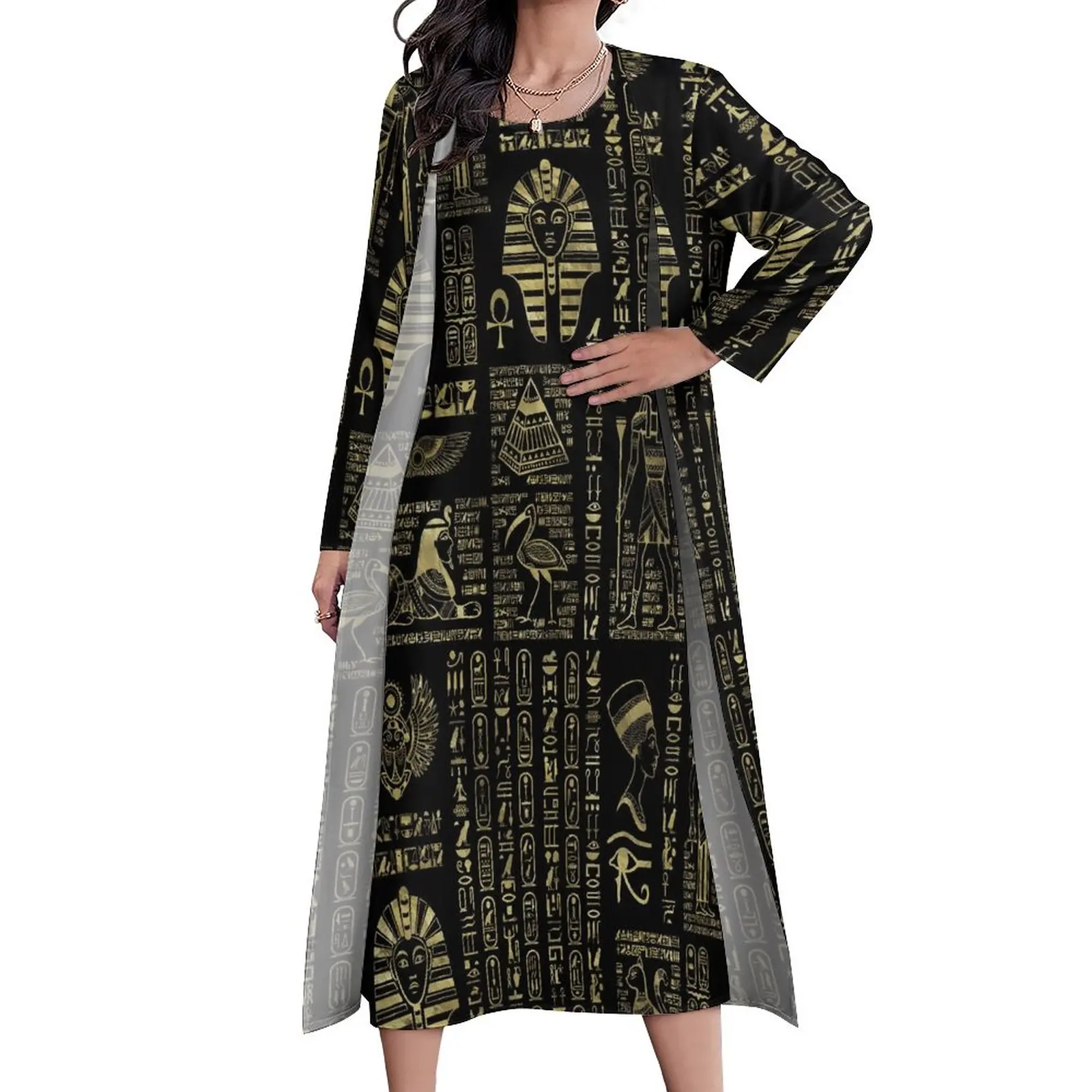 Retro Letter Print Dress Egyptian Hieroglyphs Elegant Maxi Dress Fashion Bohemia Long Dresses Womens Two-Piece Big Size Clothing