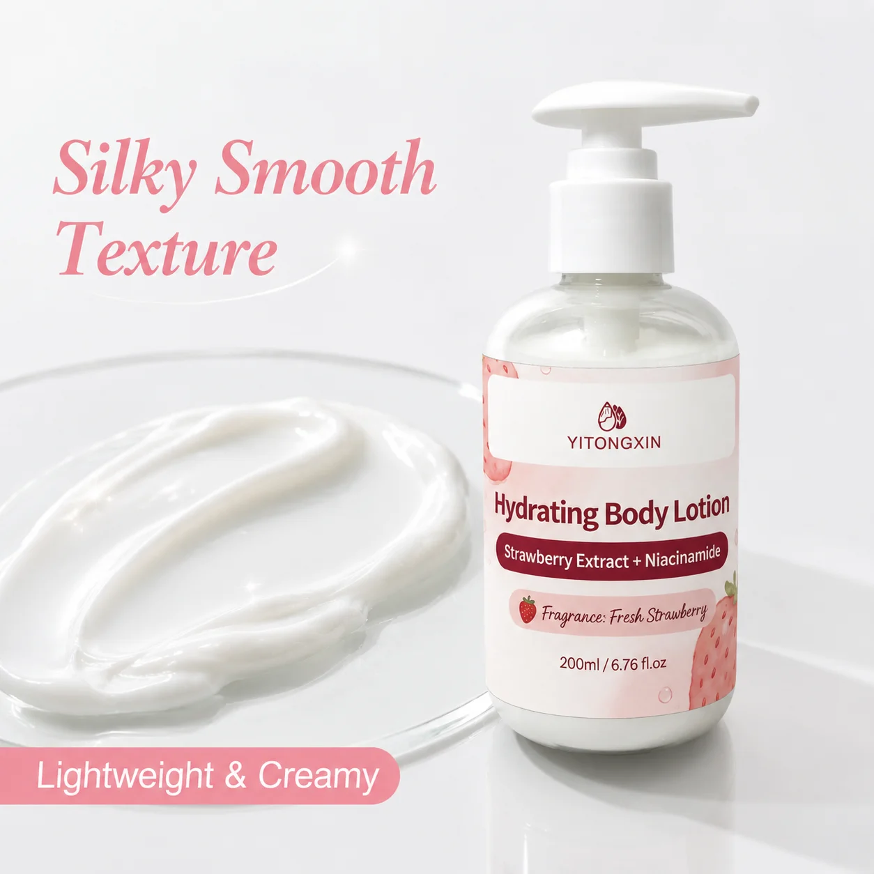 Hydrating Body Lotion with Strawberry Extract & Niacinamide, Moisturizing & Brightening Skincare Fresh Strawberry Scent 200ml