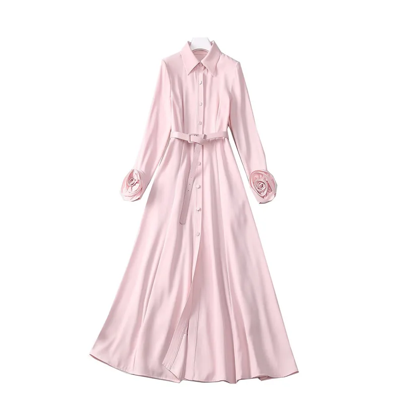 

New Women Turn-Down Collar Long Sleeve Dress Office Lady's Rose Flower Dress 0093
